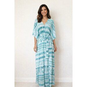 Aakaa Boho Maxi Dress Women M Blue Belted Batik Kimono Sleeve Tie Dye Beachy